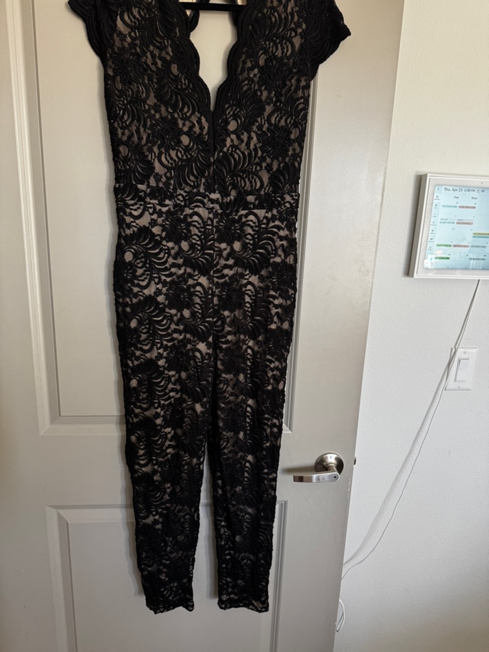 bebe Black Lace Jumpsuit with Nude Lining